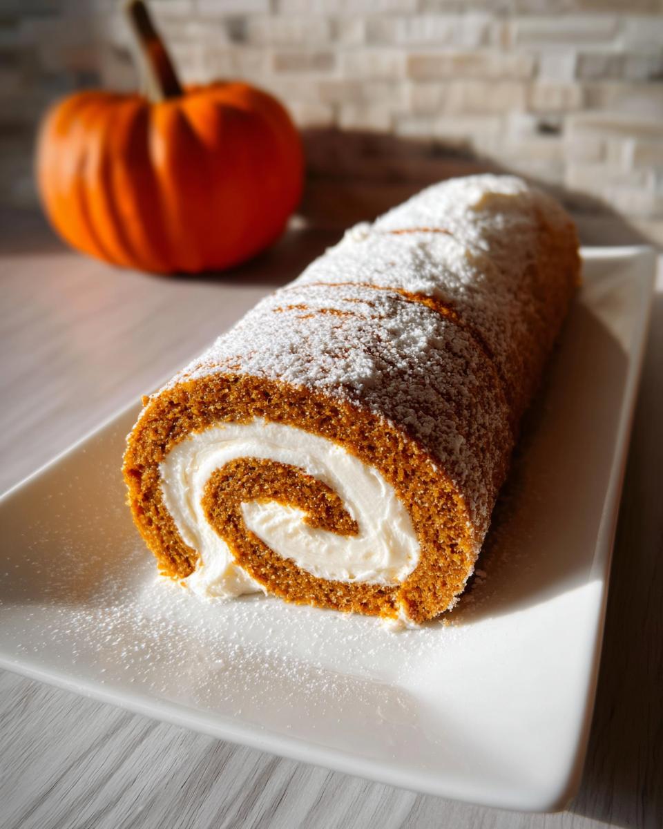 A slice of Pumpkin Roll with Cream Cheese Frosting on a white plate, dusted with powdered sugar.