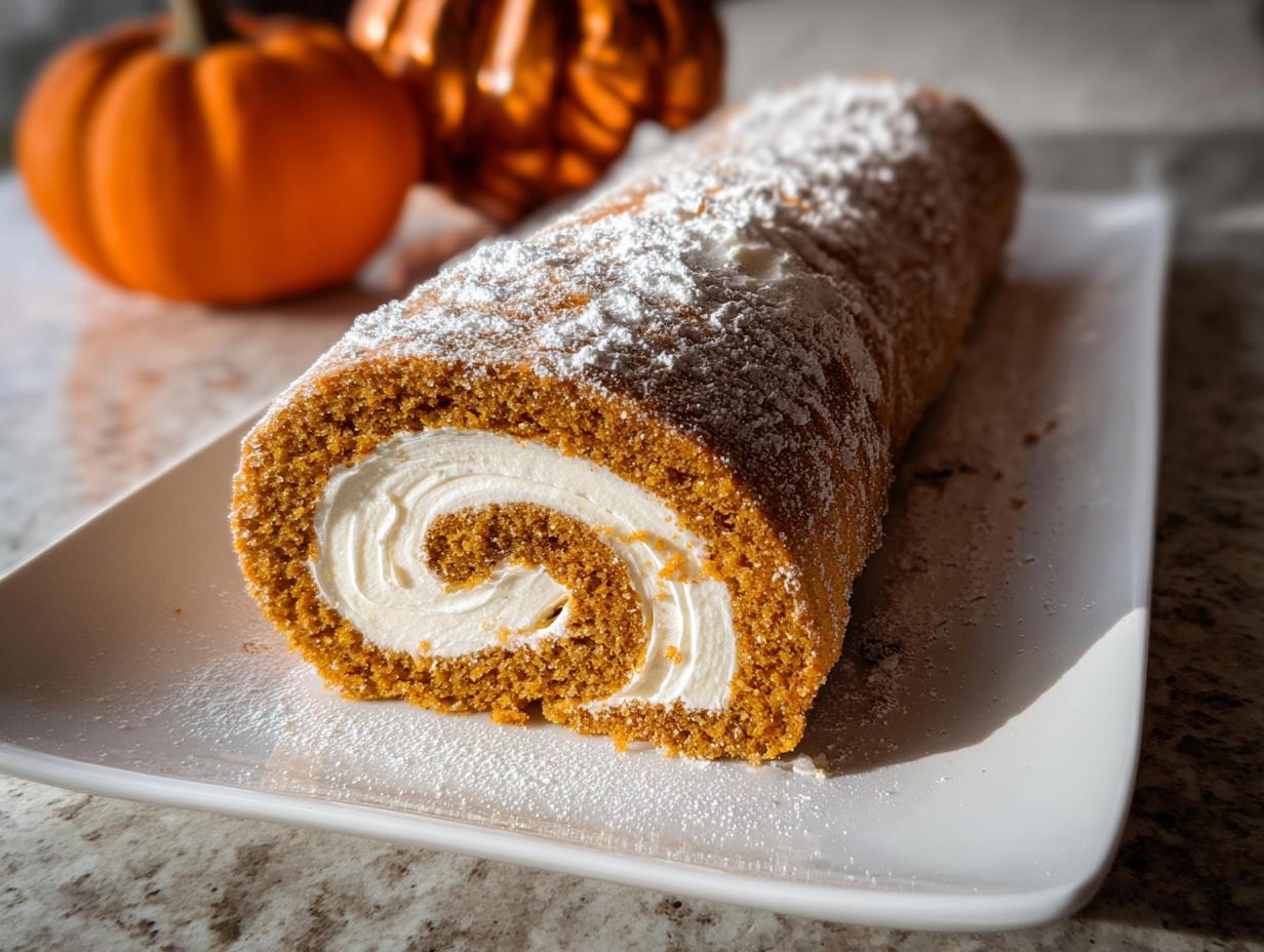 A slice of Pumpkin Roll with Cream Cheese Frosting, dusted with powdered sugar, on a white plate.