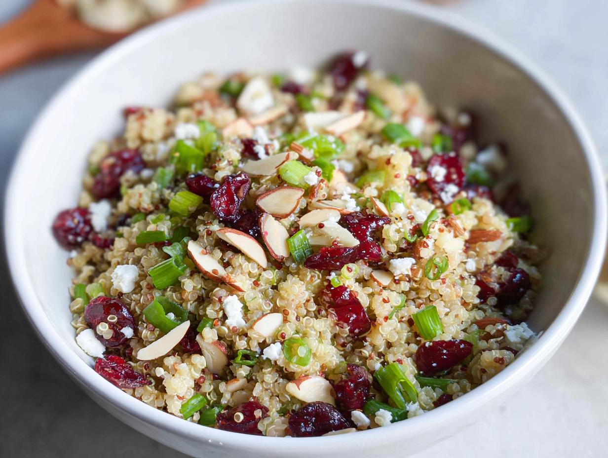 A close-up of a Quinoa Cranberry Bowl filled with quinoa, dried cranberries, sliced almonds, feta cheese, and green onions.