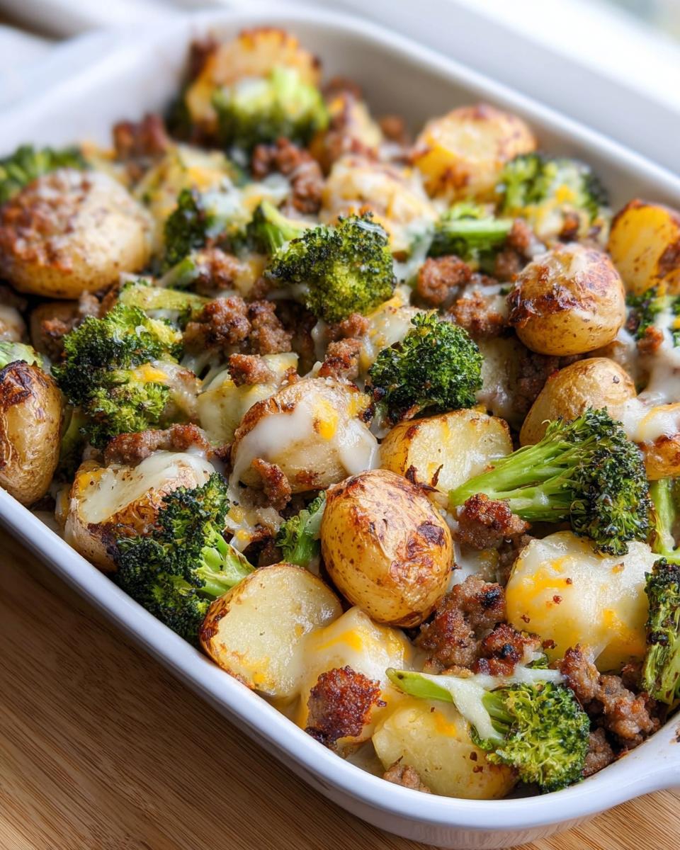 A close-up of a white baking dish filled with Ranch Baked Potatoes with Sausage & Broccoli, topped with melted cheese.