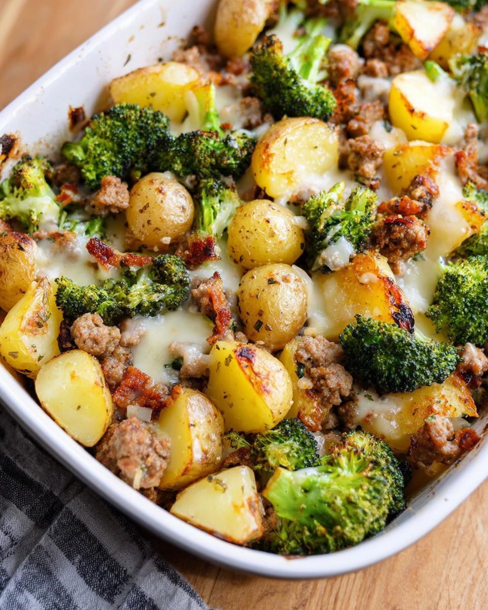 Close-up of a white baking dish filled with Ranch Baked Potatoes with Sausage & Broccoli, topped with melted cheese.