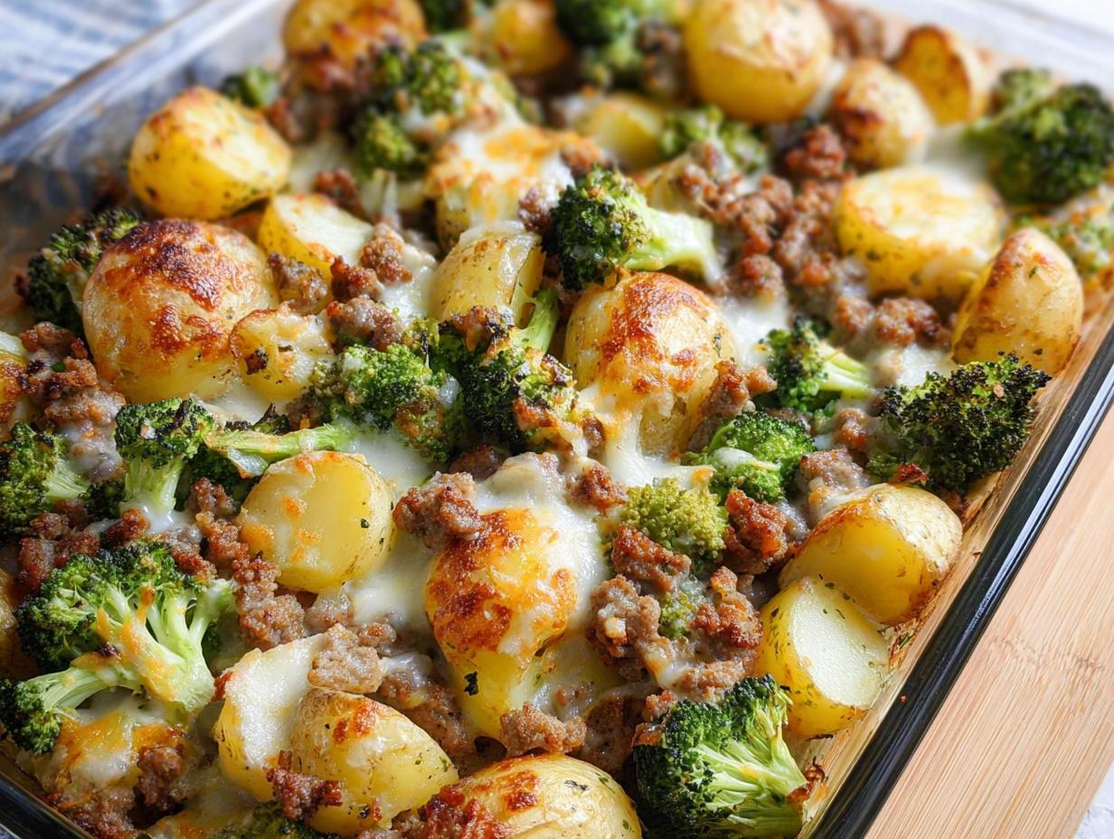 Close-up of a baking dish filled with Ranch Baked Potatoes with Sausage & Broccoli, topped with melted cheese.