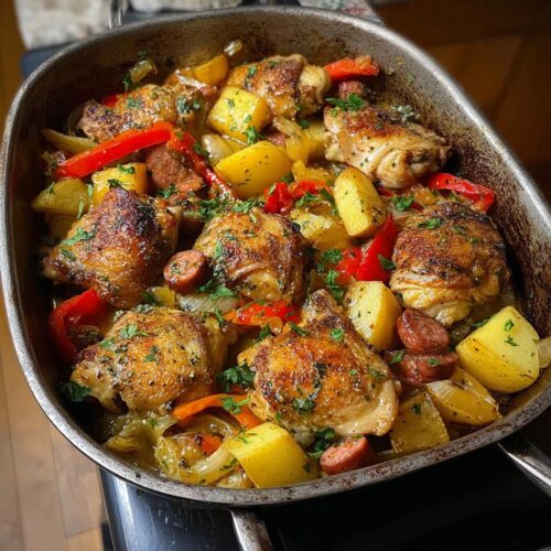A close-up of a skillet dinner featuring juicy Ranch Chicken, sausage, and potatoes, garnished with fresh parsley.