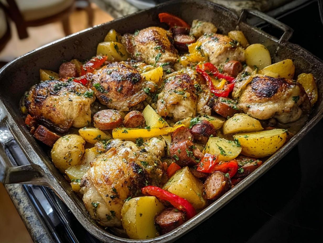 A close-up of a skillet filled with a Ranch Chicken Sausage Potato Skillet Dinner, featuring golden chicken pieces, sliced sausage, potatoes, and bell peppers.