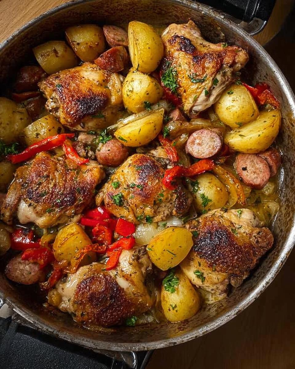 A close-up overhead view of a skillet filled with juicy Ranch Chicken, sliced sausage, and roasted potatoes.