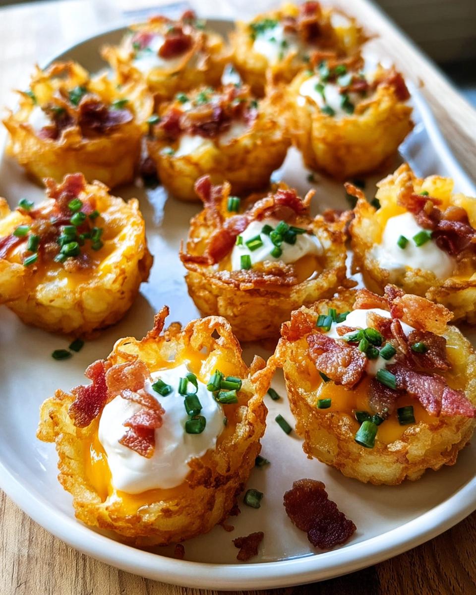 Close-up of delicious Ranch Tater Tot Appetizers topped with cheese, sour cream, bacon, and chives.