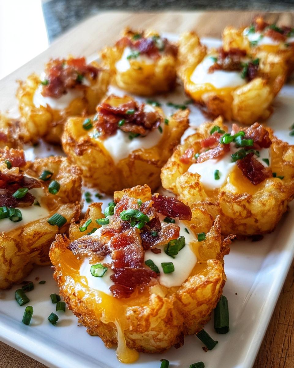Close-up of Ranch Tater Tot Appetizers topped with sour cream, bacon, and chives.