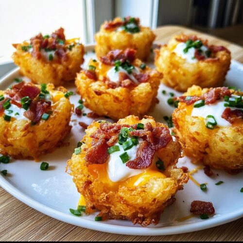 Close-up of golden-brown Ranch Tater Tot Appetizers topped with sour cream, cheddar cheese, bacon bits, and chives.