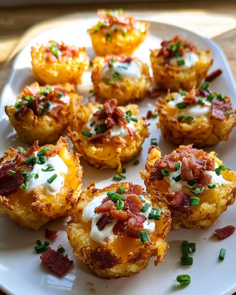 Close-up of delicious Ranch Tater Tot Appetizers topped with sour cream, bacon bits, and chives.
