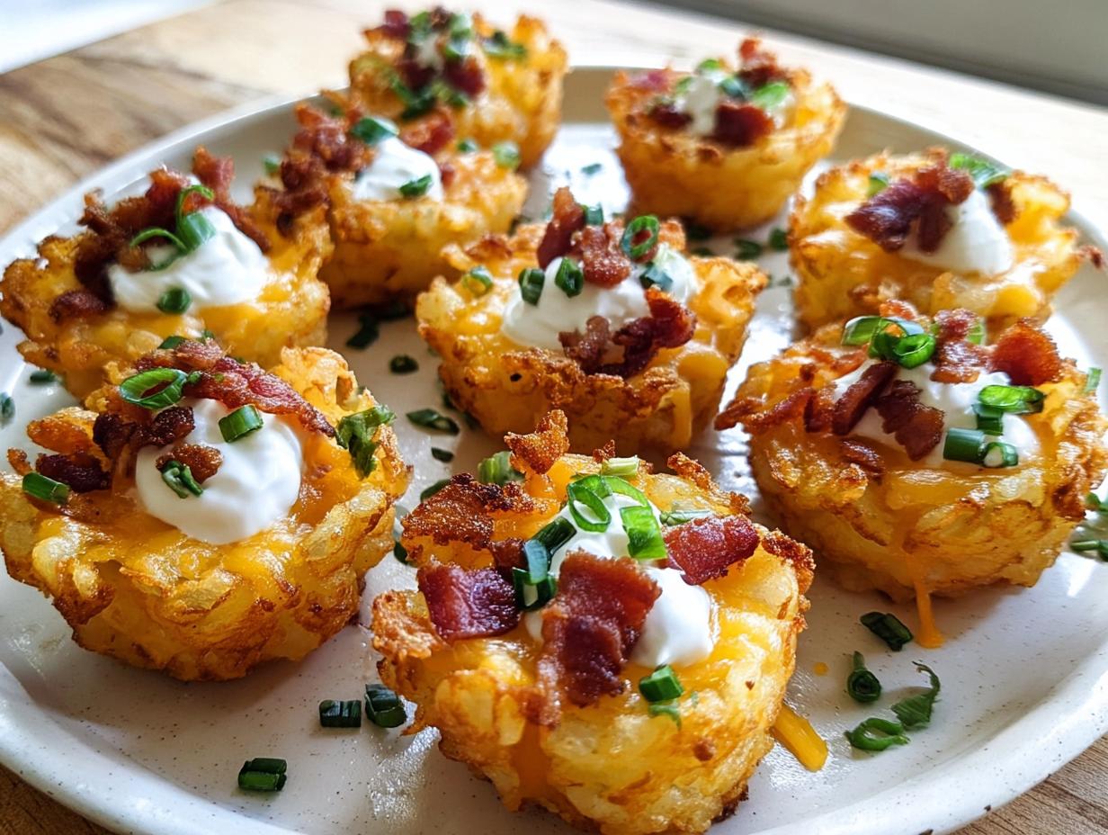 Close-up of delicious Ranch Tater Tot Appetizers topped with cheese, sour cream, bacon, and chives.