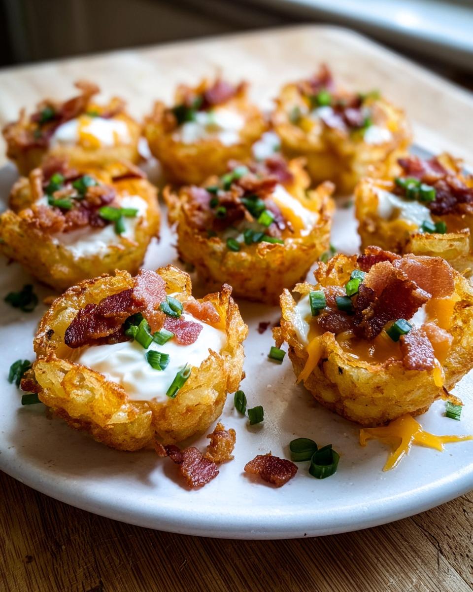 Close-up of several Ranch Tater Tot Appetizers topped with sour cream, bacon bits, and chives.
