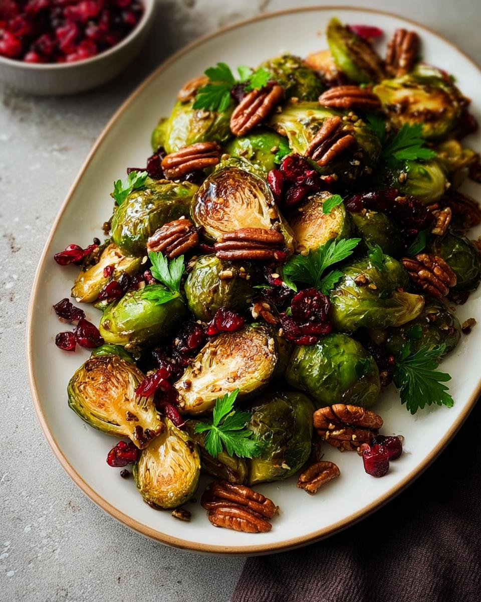 Close-up of roasted Brussels sprouts with balsamic glaze, dried cranberries, and pecans, garnished with parsley.