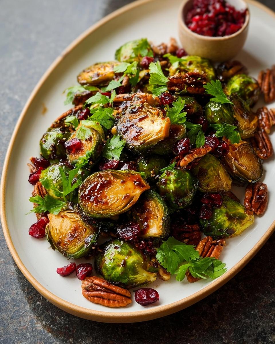 Close-up of roasted Brussels sprouts with balsamic glaze, cranberries, pecans, and parsley.