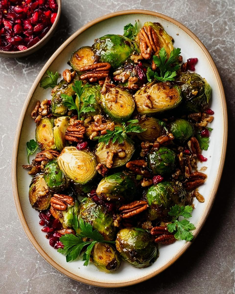 Close-up of crispy roasted Brussels sprouts with balsamic glaze, pecans, and pomegranate seeds.