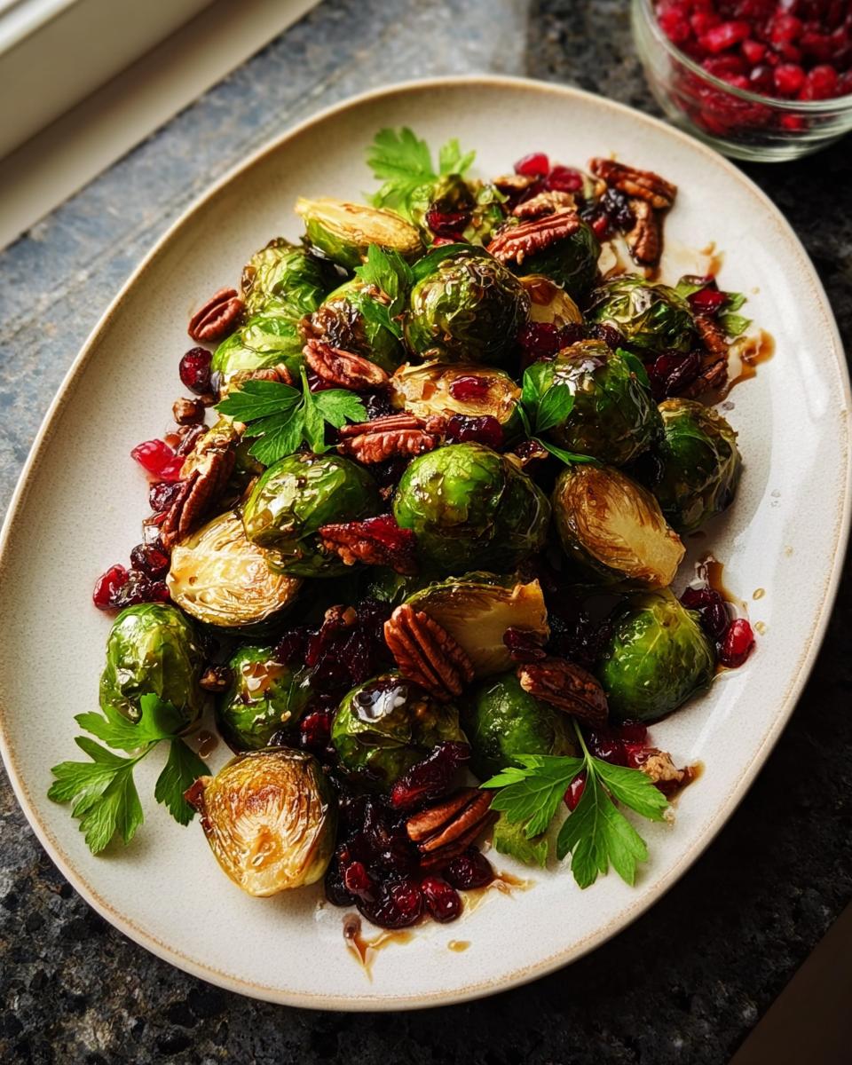 A close-up of roasted Brussels sprouts with balsamic glaze, pecans, and cranberries, garnished with parsley.