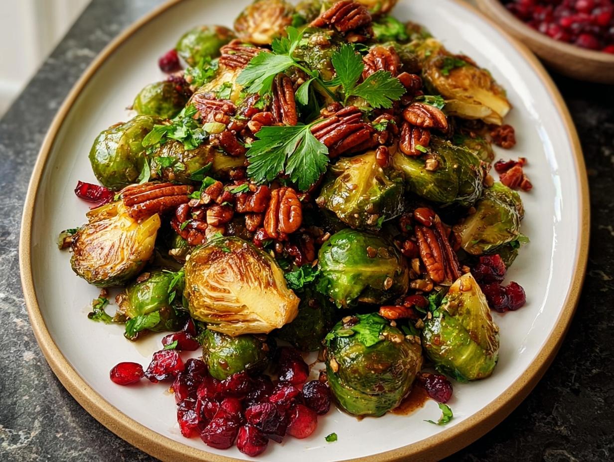 A close-up of crispy roasted Brussels sprouts with balsamic glaze, topped with pecans and fresh parsley, garnished with cranberries.