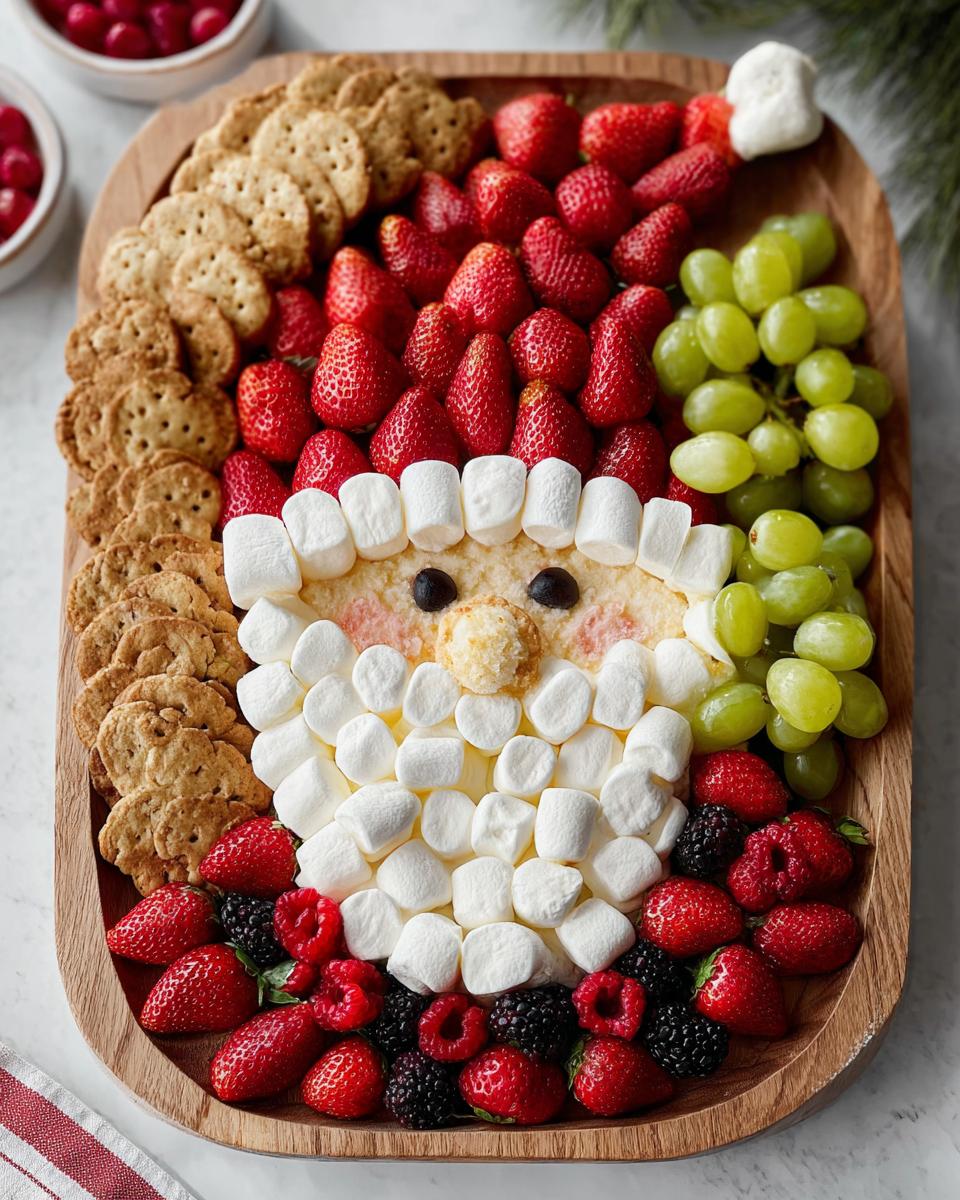 A festive Santa Fruit Tray made with strawberries, grapes, berries, crackers, and a marshmallow and cream cheese face.
