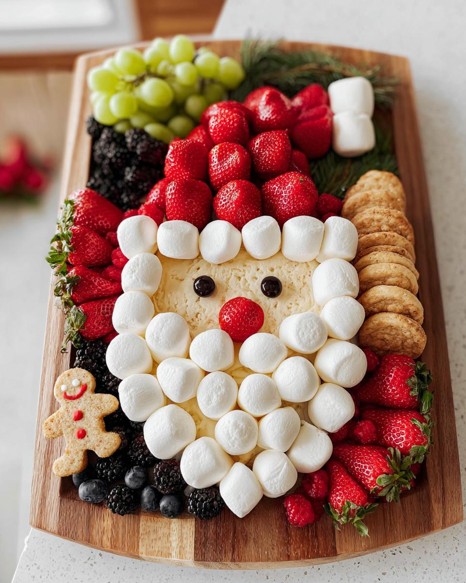 A delightful Santa Fruit Tray made with cheese, marshmallows, strawberries, grapes, and berries.