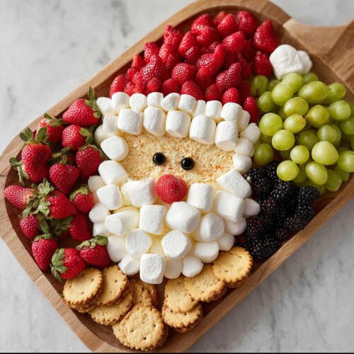 A creative Santa Fruit Tray made with strawberries, marshmallows, grapes, blackberries, and crackers.