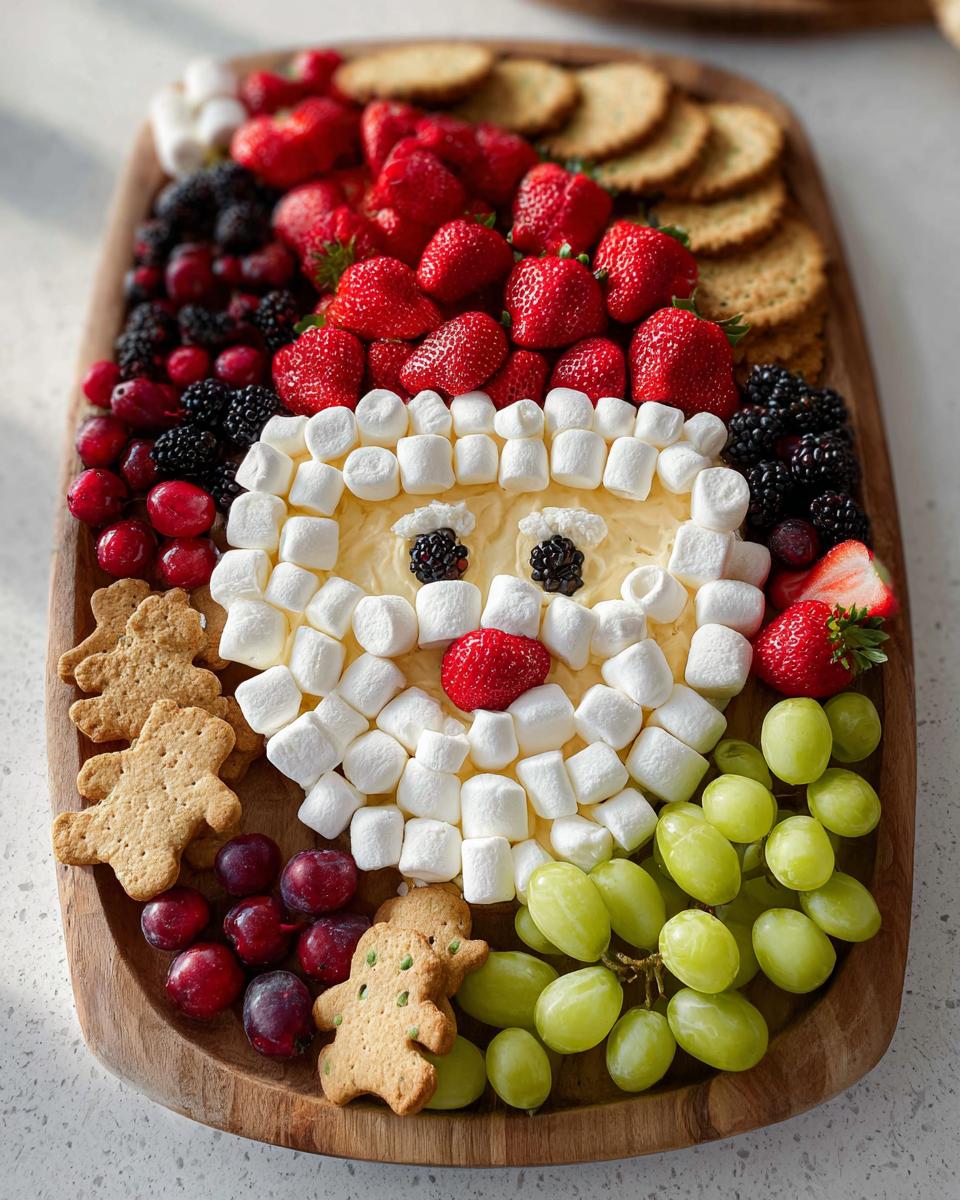 A festive Santa Fruit Tray made with cream cheese, marshmallows, berries, grapes, and cookies for a holiday party.