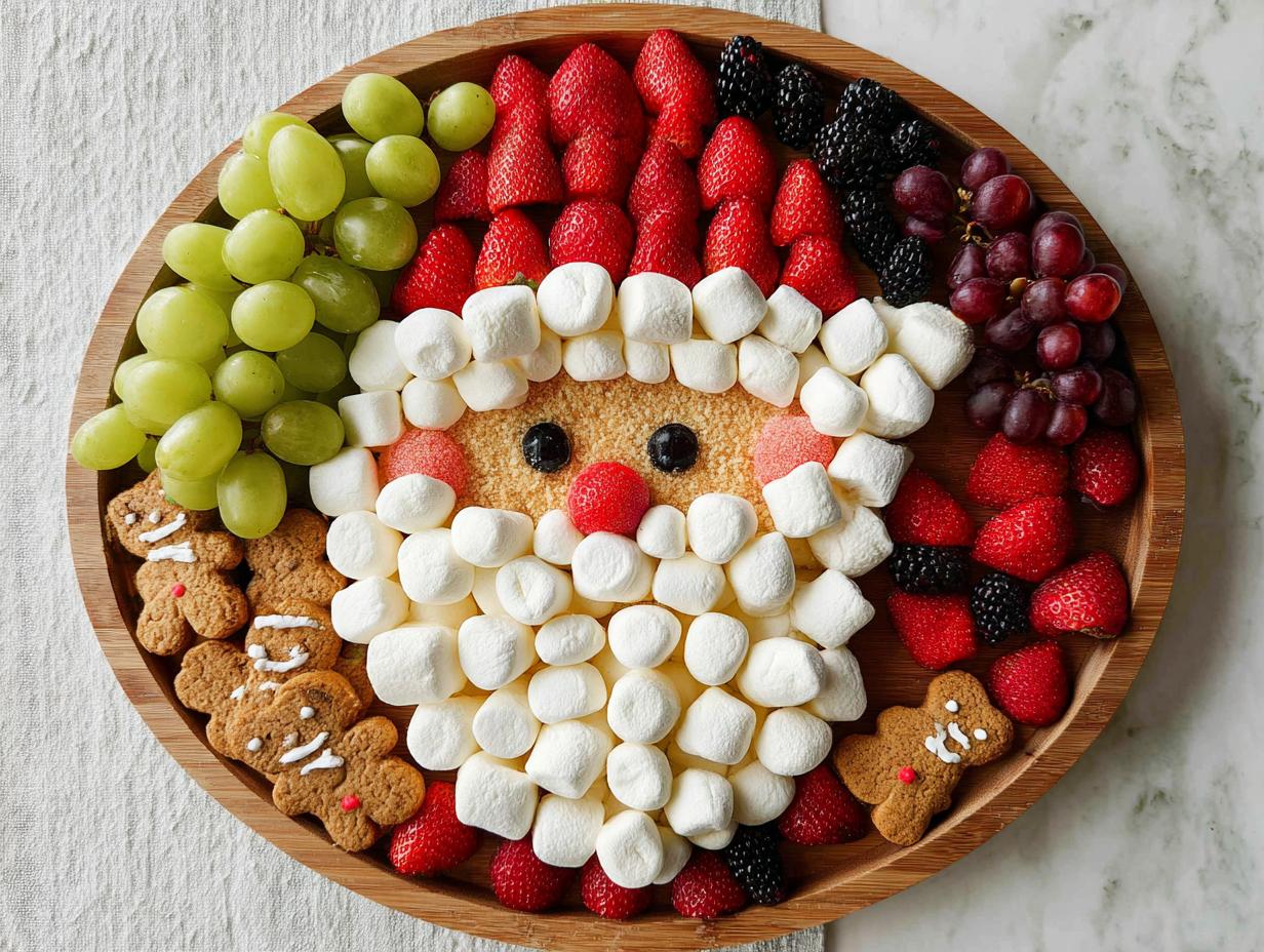 A whimsical Santa Fruit Tray made with grapes, strawberries, marshmallows, and gingerbread cookies.
