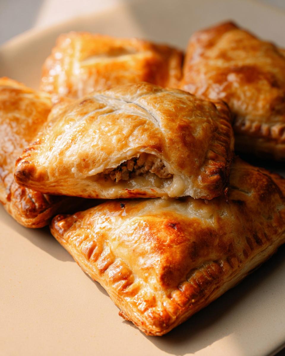 A close-up of golden-brown, flaky savory hand pies with turkey and veggies filling.