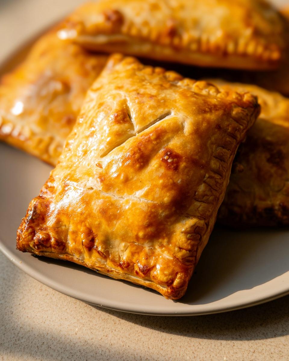 Close-up of golden-brown, flaky savory hand pies with turkey and veggies on a plate.