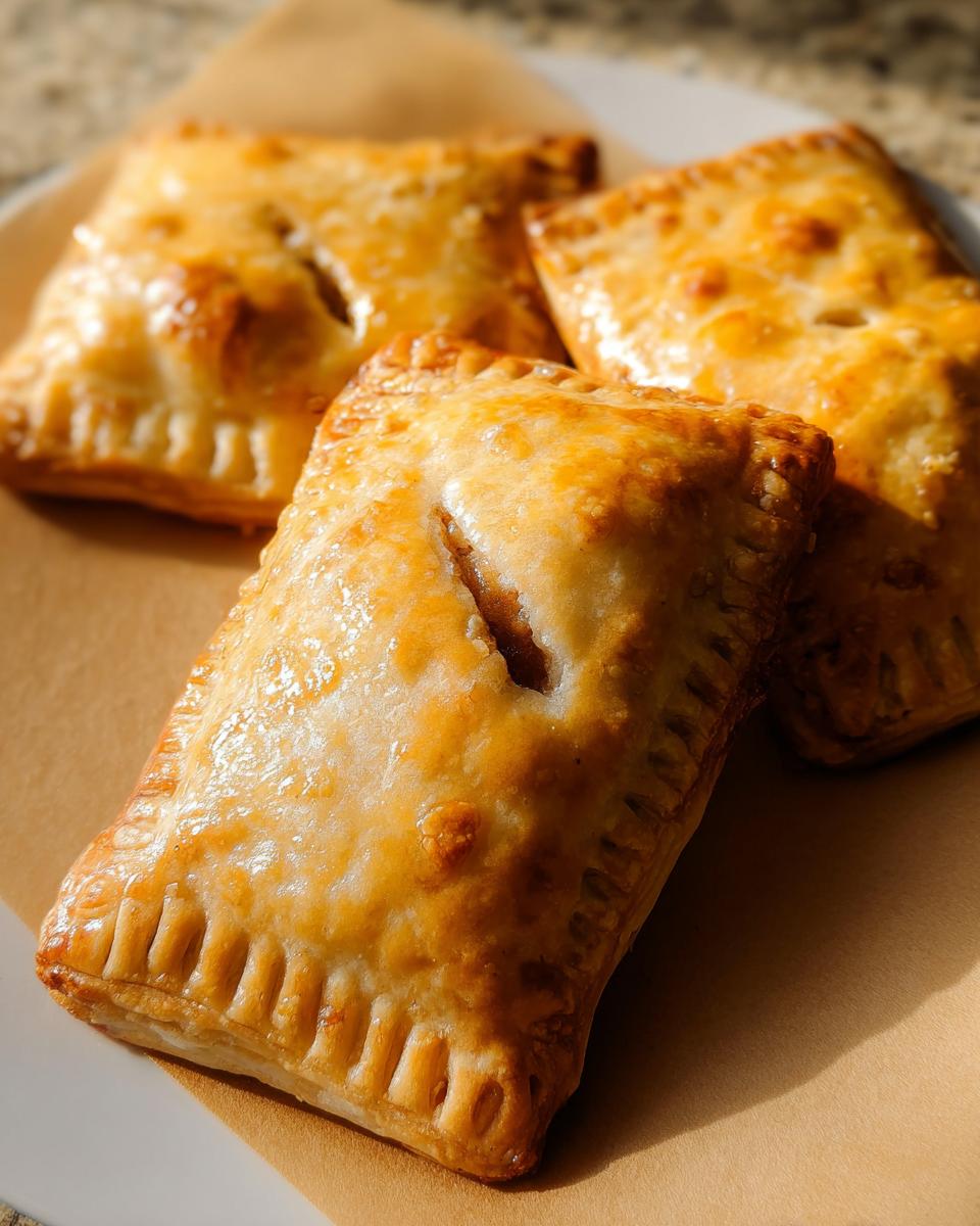 Close-up of three golden-brown, flaky Savory Hand Pies with Turkey & Veggies, ready to be served.