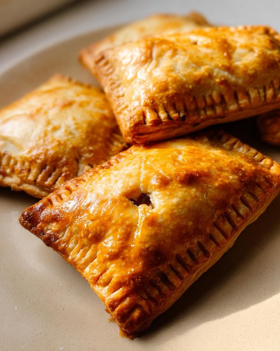 Close-up of golden-brown, flaky savory hand pies with turkey and veggies, crimped edges visible.