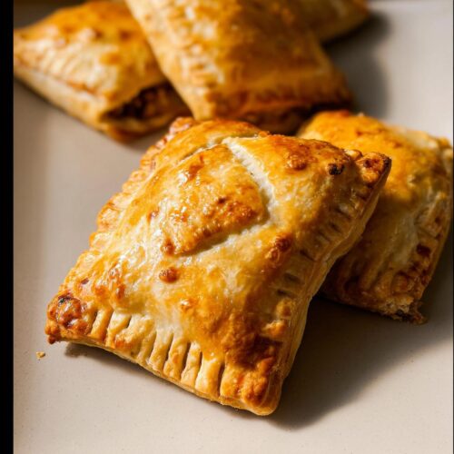 Close-up of golden-brown, flaky Savory Hand Pies with Turkey & Veggies, crimped edges visible.