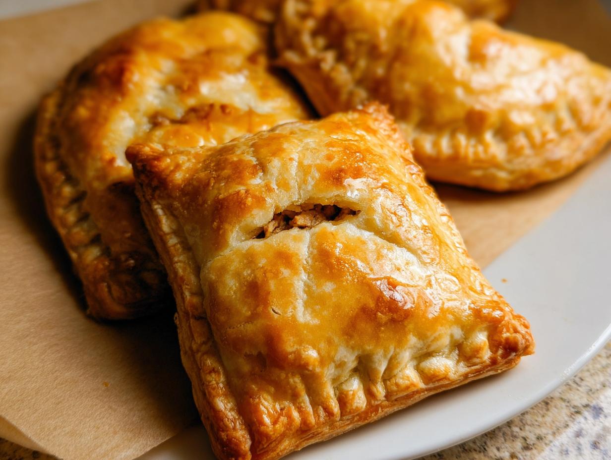 Close-up of golden-brown, flaky savory hand pies filled with turkey and vegetables.