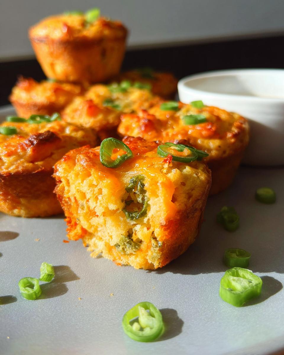 Close-up of a broken Savory Sweet Potato Muffin, revealing jalapenos and cheese inside, topped with green onions.