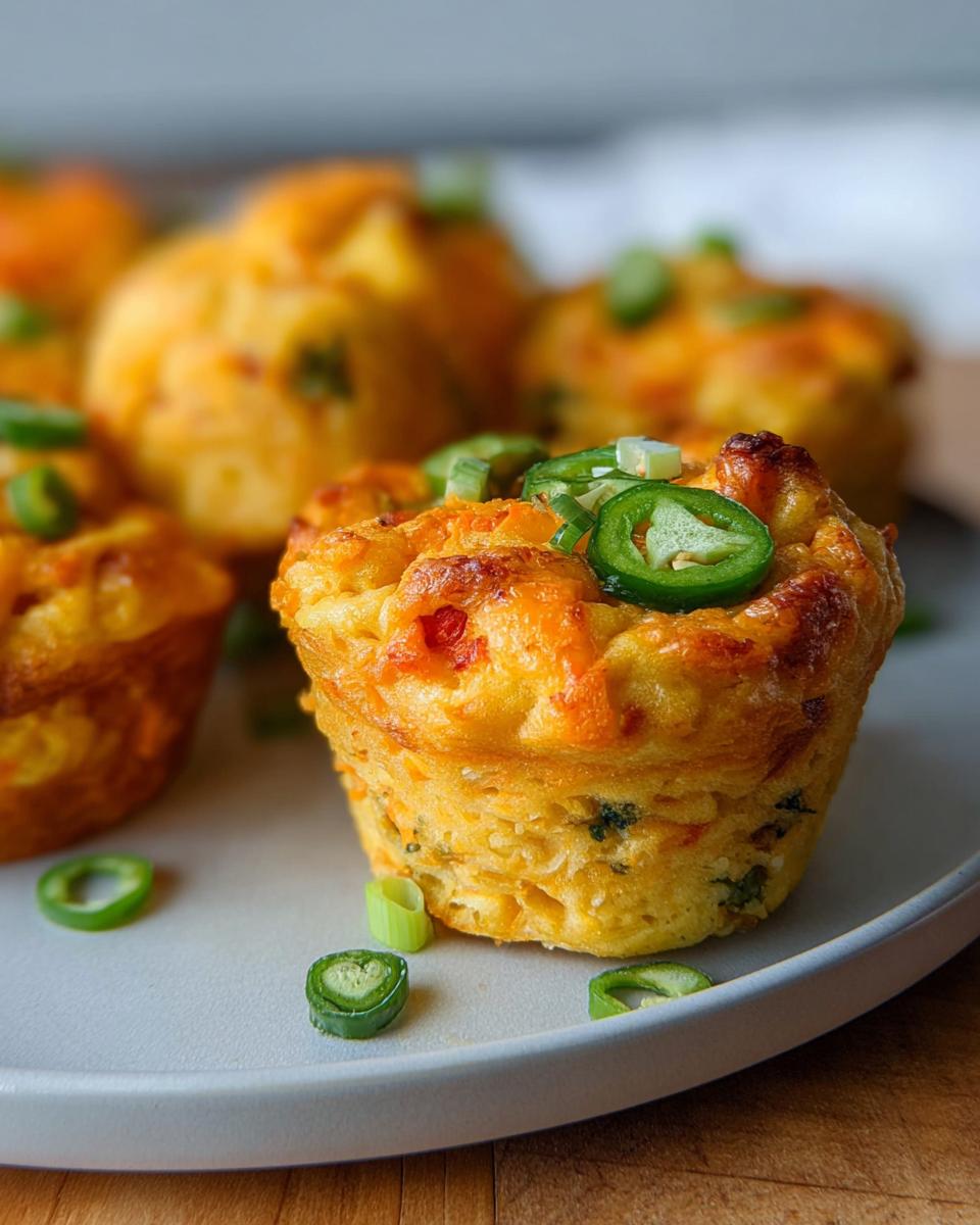 Close-up of a savory sweet potato muffin topped with sliced jalapenos and green onions.