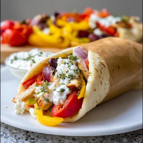 A delicious Sheet Pan Baked Garlic Chicken Wrap with cheese, filled with chicken, peppers, onions, olives, and sauce.