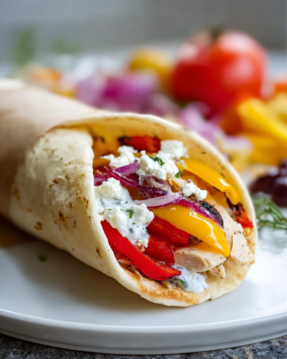 A delicious Sheet Pan Baked Garlic Chicken Wrap with Cheese, filled with chicken, colorful peppers, red onion, feta, and sauce.