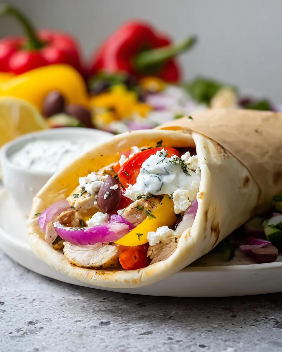 A delicious Sheet Pan Baked Garlic Chicken Wrap with cheese, stuffed with chicken, vegetables, and feta.