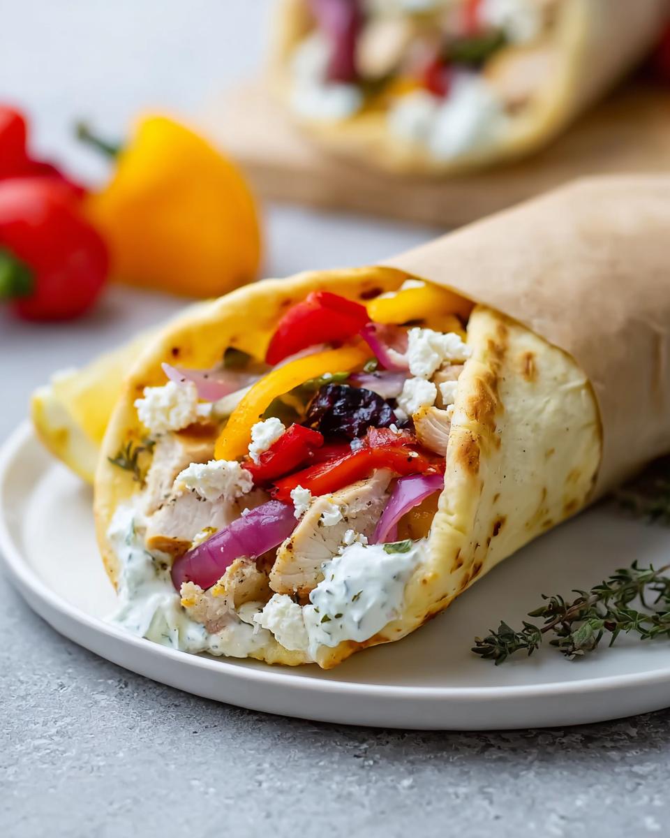 A delicious Sheet Pan Baked Garlic Chicken Wrap with Cheese, filled with chicken, peppers, red onion, and feta.