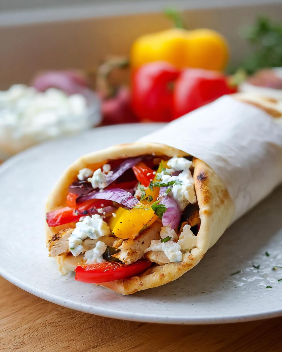 A delicious Sheet Pan Baked Garlic Chicken Wrap with Cheese, filled with chicken, peppers, onions, and feta cheese.