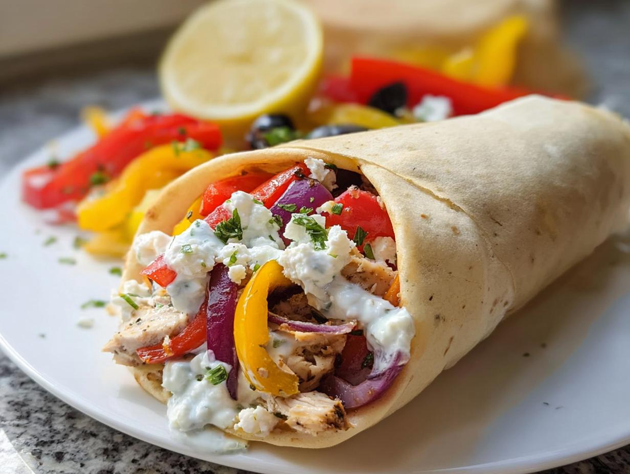 A delicious Sheet Pan Baked Garlic Chicken Wrap with Cheese, filled with chicken, peppers, onions, and feta cheese, served with a side of lemon and olives.