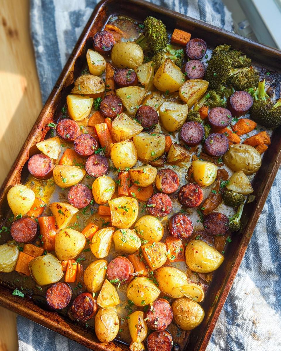 A full sheet pan of Sheet Pan Ranch Potatoes & Sausage with roasted broccoli and carrots, sprinkled with parsley.