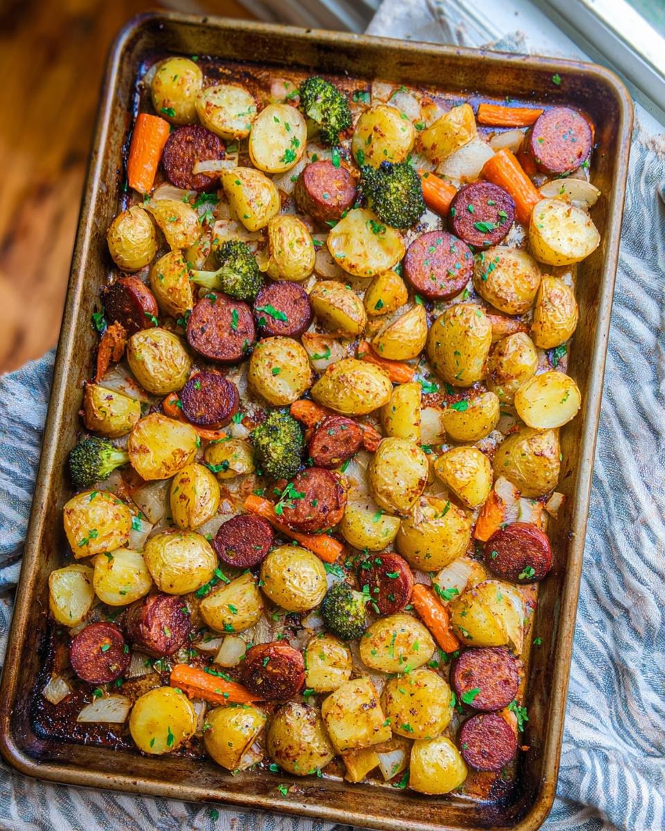 A close-up overhead view of a sheet pan filled with roasted potatoes, sausage slices, carrots, and broccoli, seasoned with ranch.