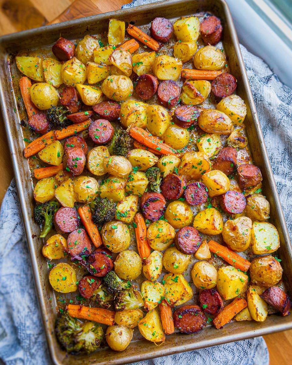 A full sheet pan of roasted Sheet Pan Ranch Potatoes & Sausage with carrots and broccoli, seasoned with herbs.