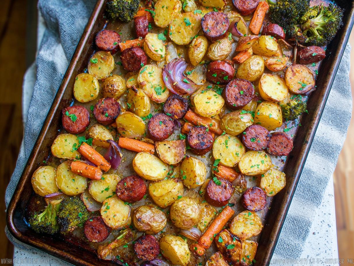 A full sheet pan of Sheet Pan Ranch Potatoes & Sausage, roasted with carrots, broccoli, and red onion, sprinkled with parsley.