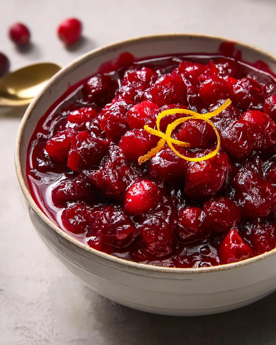 A close-up of a bowl filled with glistening Simple Cranberry Sauce, garnished with orange zest.