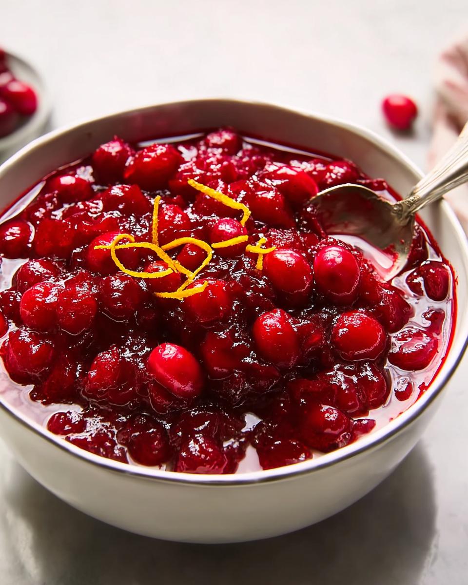 A close-up of a white bowl filled with vibrant, glistening Simple Cranberry Sauce, garnished with orange zest.