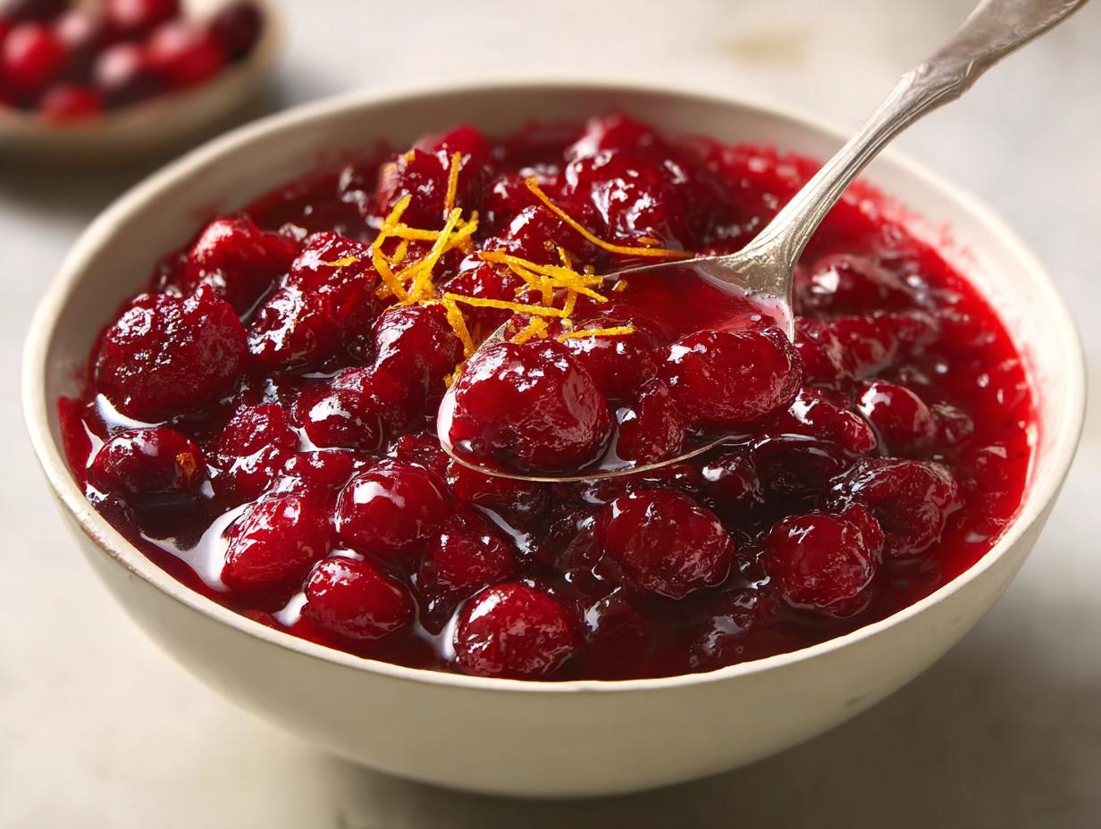 A close-up of a bowl filled with vibrant Simple Cranberry Sauce, garnished with orange zest, with a spoon lifting some.