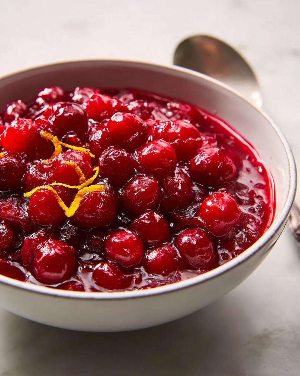 Close-up of a bowl of Simple Cranberry Sauce garnished with bright orange zest.