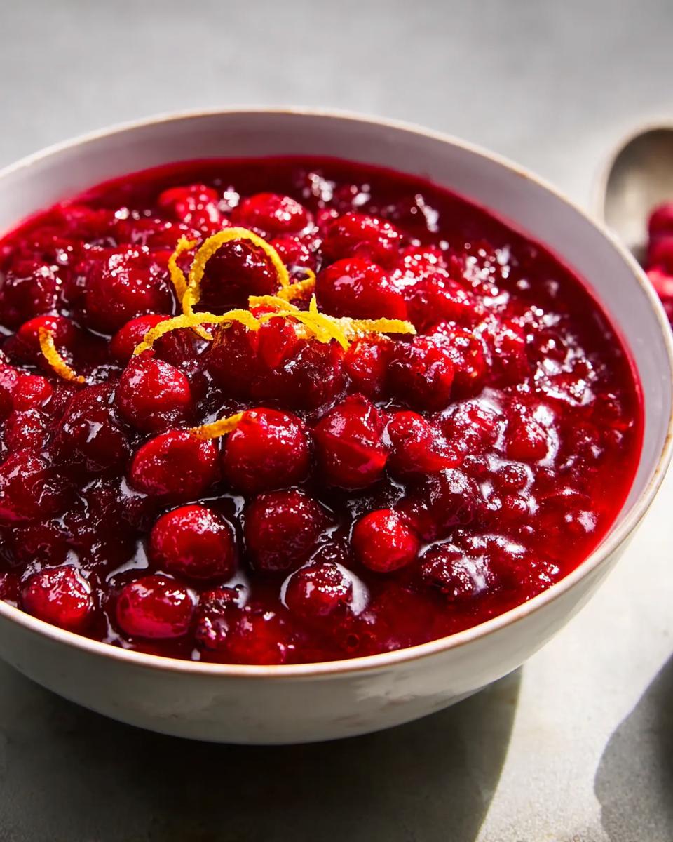 A bowl of vibrant, glistening Simple Cranberry Sauce topped with delicate orange zest.
