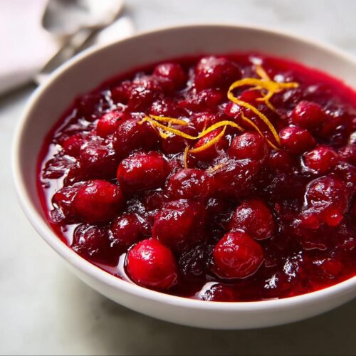Close-up of a bowl of Simple Cranberry Sauce, garnished with bright orange zest.