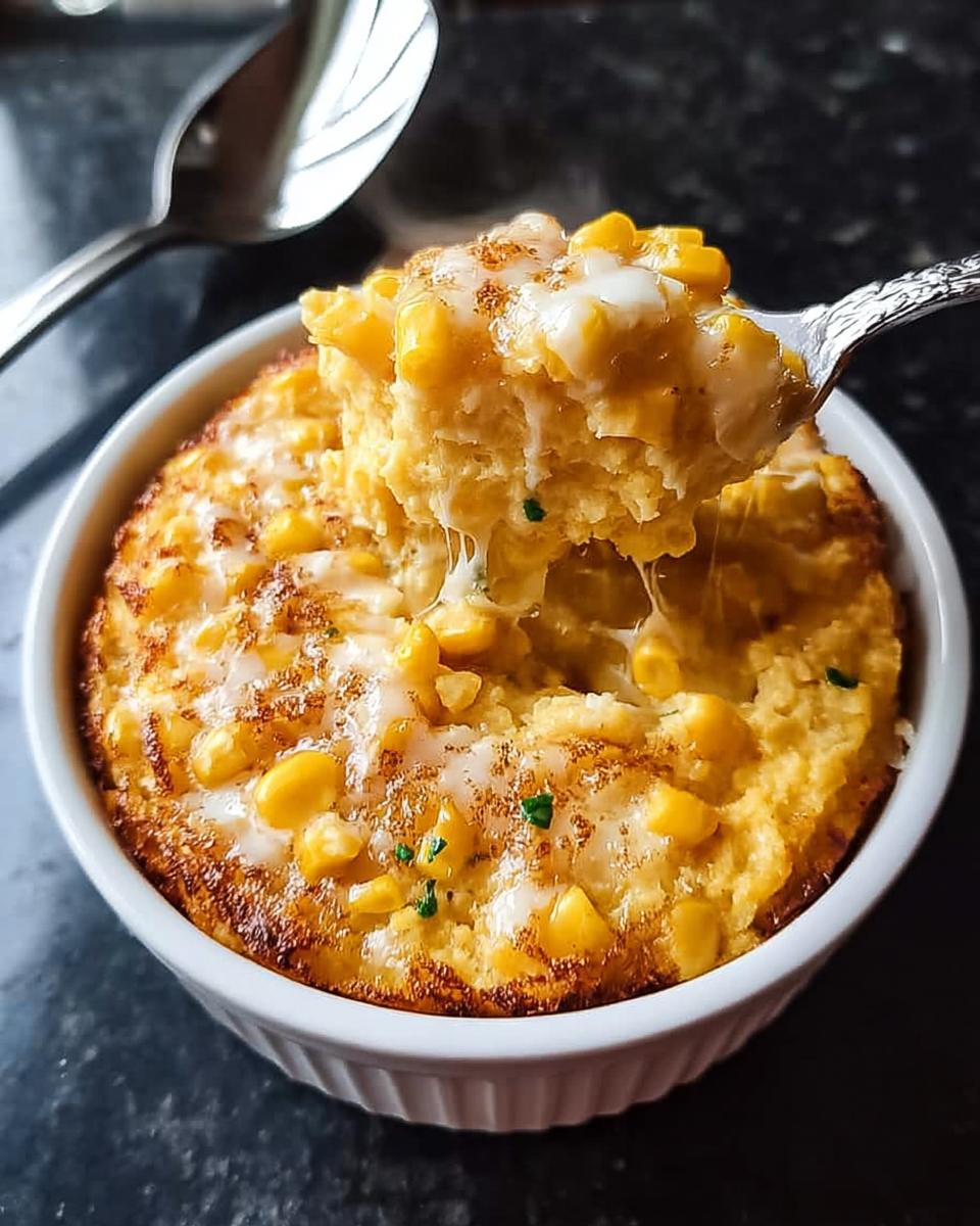 A spoonful of creamy Slow Cooker Corn Pudding, showing melted cheese and corn kernels.